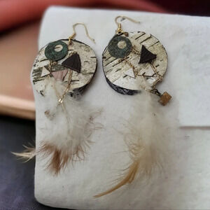 Circle White Birch Feather Leather Chain Wood Earrings